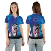 Pink Floyd Screaming Face The Wall Painting Light Blue Polo Shirt Woman Front Back Mockup - OtherBrick