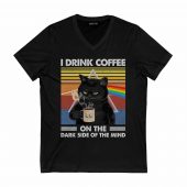 I Drink Coffee On The Dark Side Of The Mind Cat Pink Floyd Front Vneck Black - OtherBrick