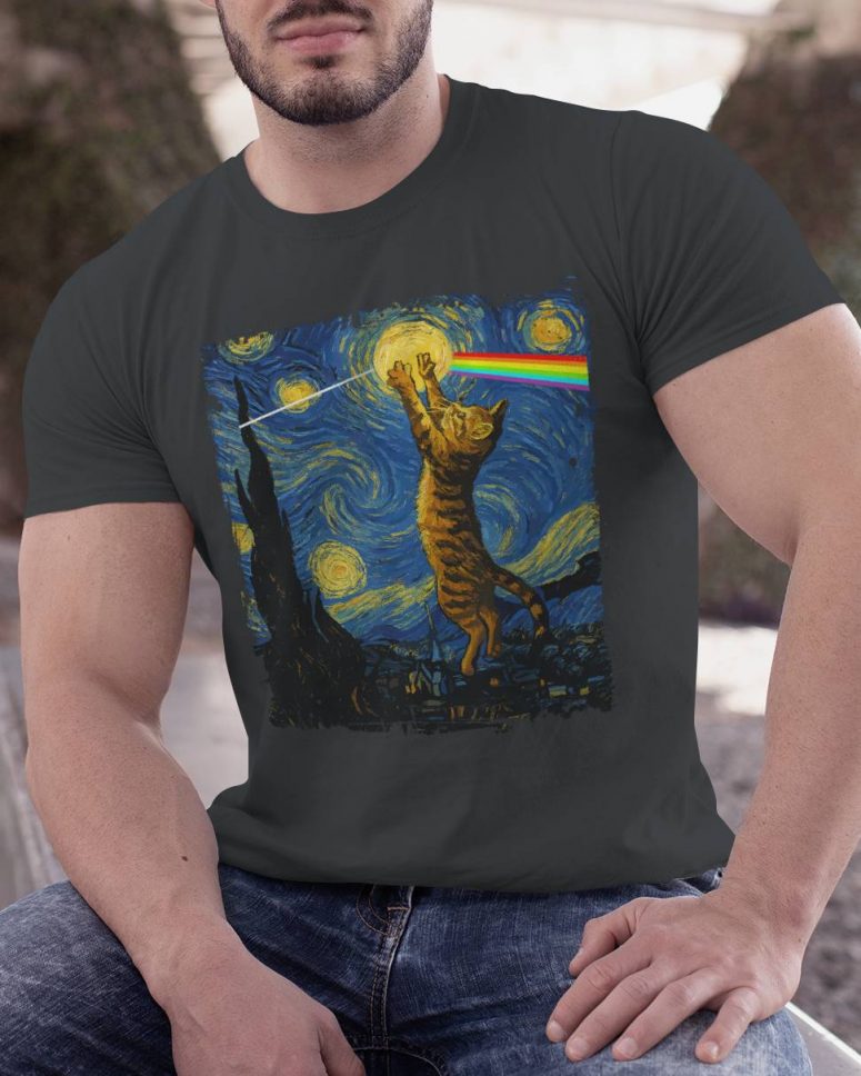 Cat Starry Night Touching Moon Van Gogh DSOTM Pink Floyd Shirt