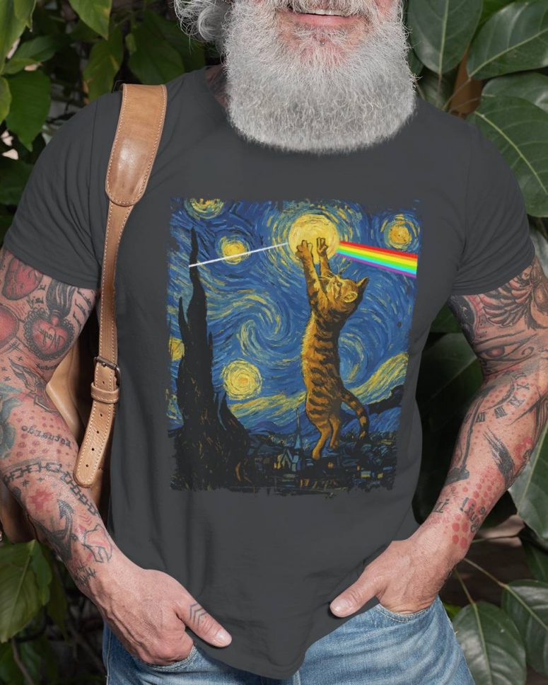 Cat Starry Night Touching Moon Van Gogh DSOTM Pink Floyd Shirt