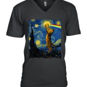 Cat Starry Night Touching Moon Van Gogh Dsotm Pink Floyd Shirt Vneck - OtherBrick