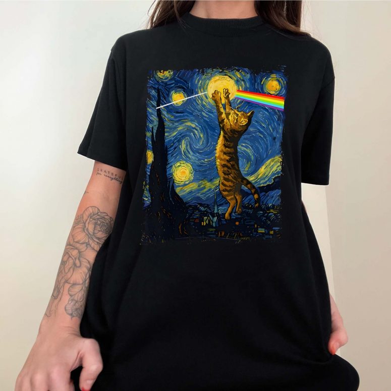 Pink Floyd Shirt - Cat Starry Night Touching Moon Van Gogh DSOTM