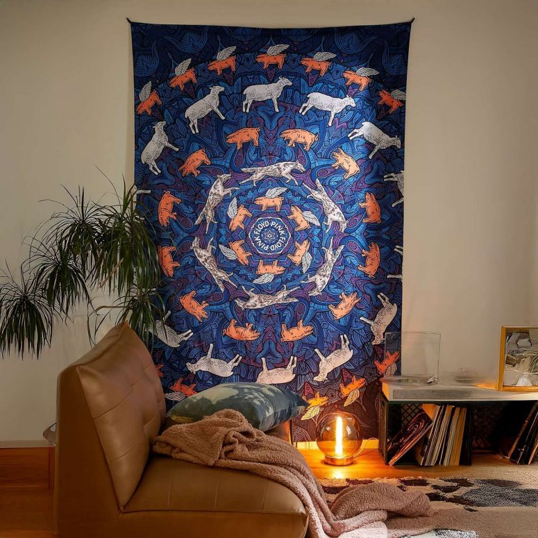 Pink Floyd Animals Flying Pig Sheep Dog Psychedelic Mandala Tapestry