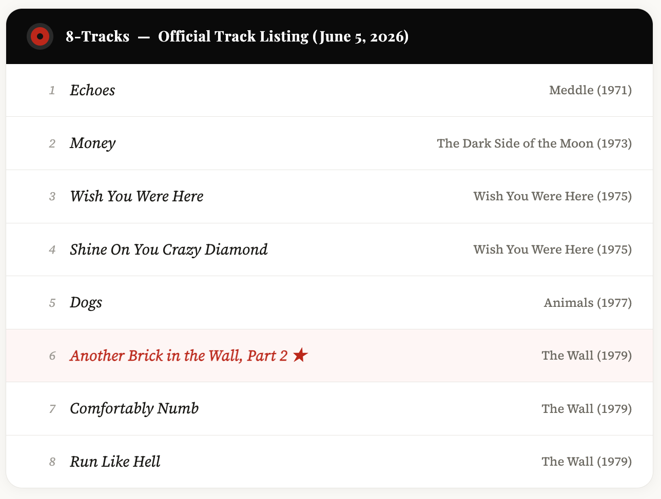 8 Tracks Official Track Listing (june 5, 2026) - OtherBrick