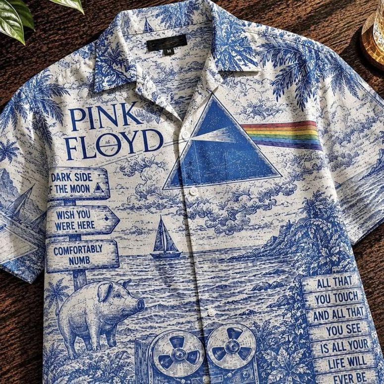 Pink Floyd Hawaiian Shirt - Dark Side Of The Moon Animals French Toile Print Style