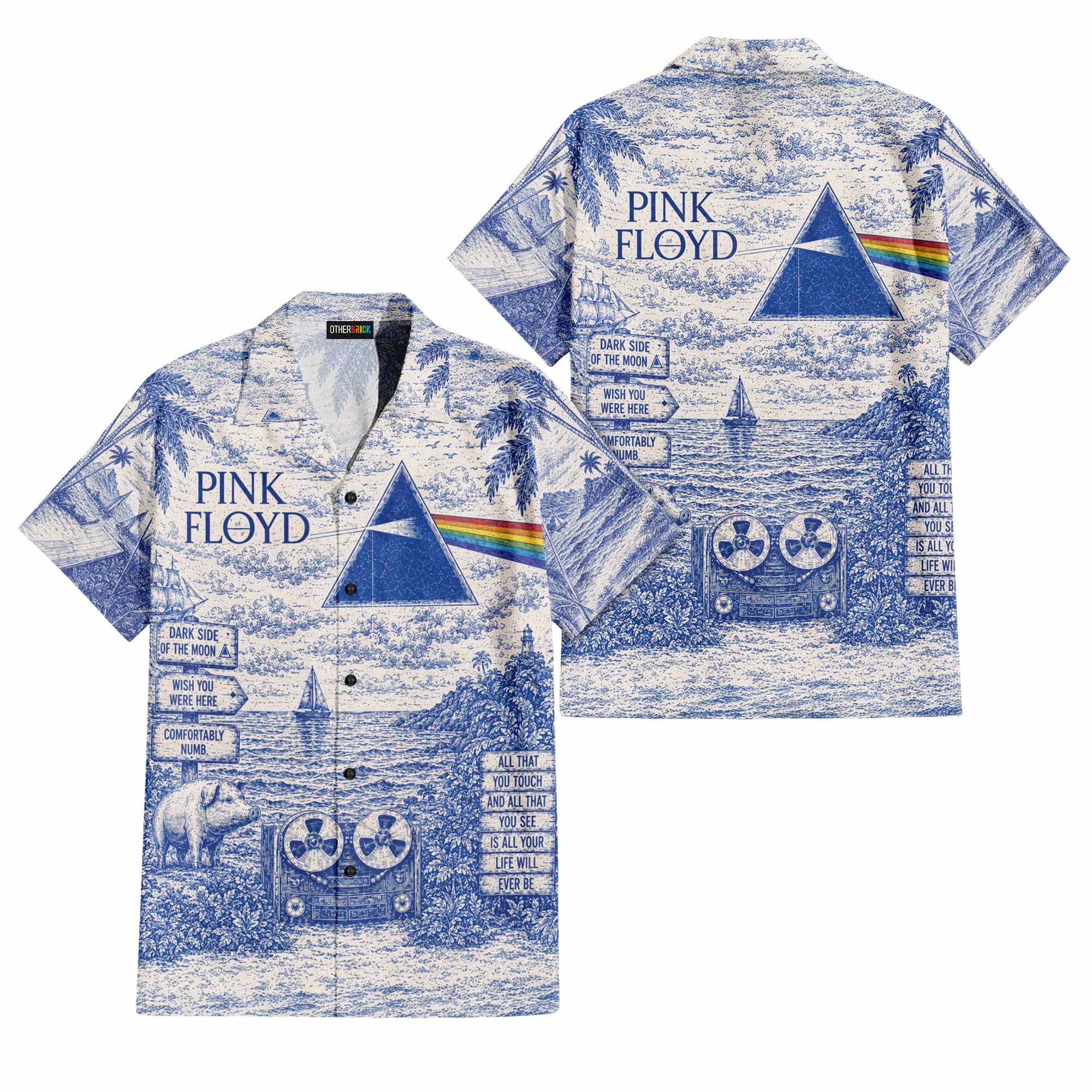 Pink Floyd Hawaiian Shirt - Dark Side Of The Moon Animals French Toile Print Style Pink Floyd Hawaiian Shirt - Dark Side Of The Moon Animals French Toile Print Style