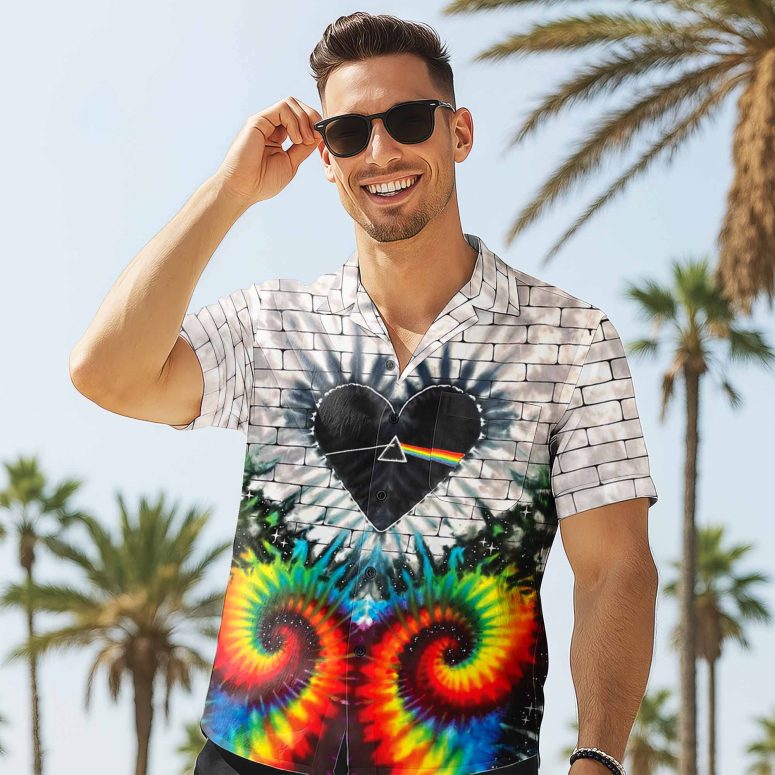 Pink Floyd Hawaiian Shirt – Heart Dark Side Of The Moon Money Lyrics All-Over Tie-Dye Print