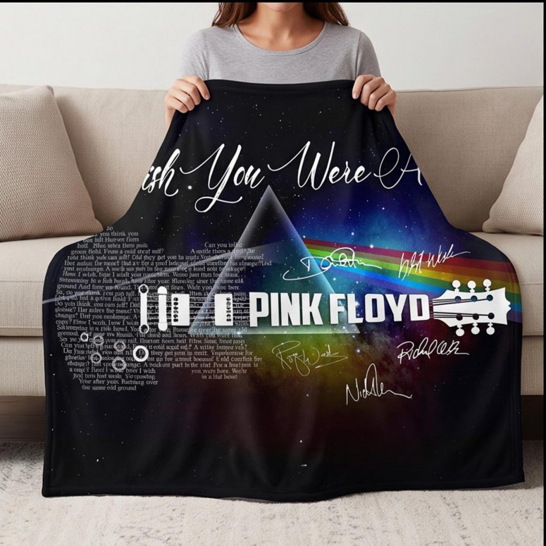 Pink Floyd Fleece Blanket - Wish You Were Here With Guitar Typography And Signatures