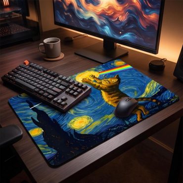 Pink Floyd Mousepad - Cat Starry Night Touching Moon Van Gogh DSOTM
