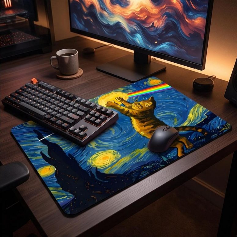 Pink Floyd Mousepad - Cat Starry Night Touching Moon Van Gogh DSOTM Pink Floyd Mousepad - Cat Starry Night Touching Moon Van Gogh DSOTM