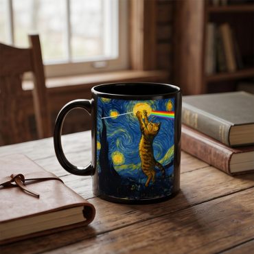Pink Floyd Mug - Cat Starry Night Touching Moon Van Gogh DSOTM