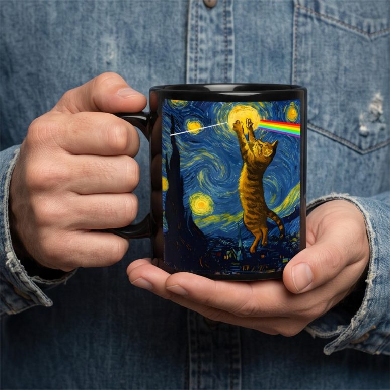 Pink Floyd Mug - Cat Starry Night Touching Moon Van Gogh DSOTM Pink Floyd Mug - Cat Starry Night Touching Moon Van Gogh DSOTM