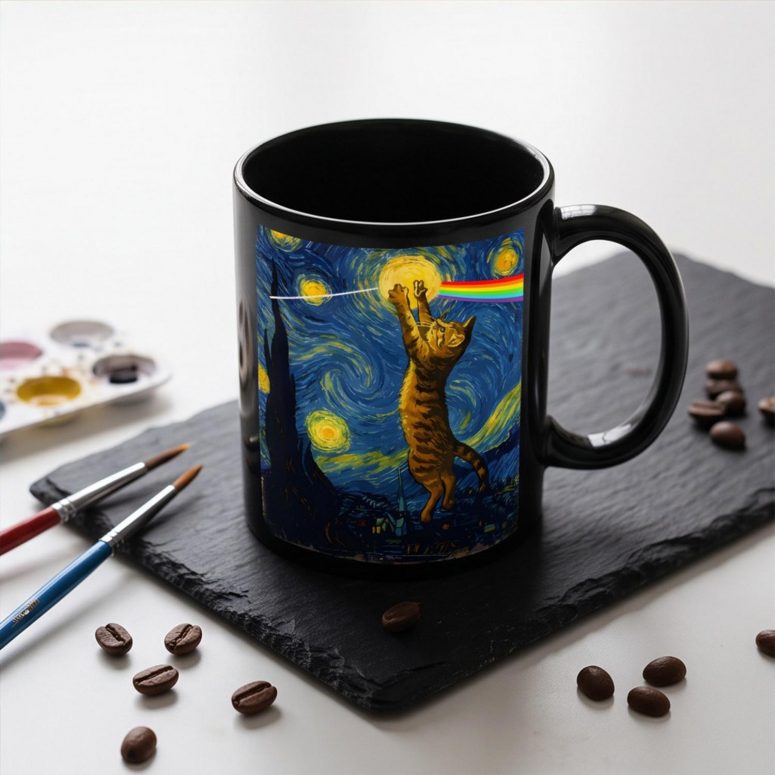 Pink Floyd Mug - Cat Starry Night Touching Moon Van Gogh DSOTM Pink Floyd Mug - Cat Starry Night Touching Moon Van Gogh DSOTM