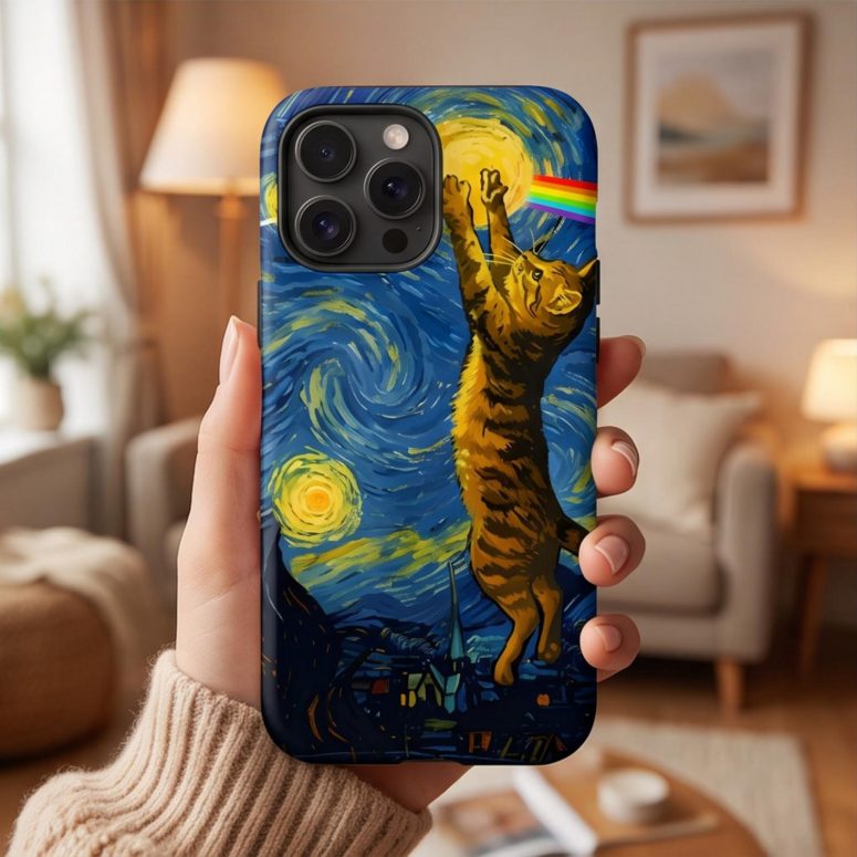 Pink Floyd Phone Case - Cat Starry Night Touching Moon Van Gogh DSOTM