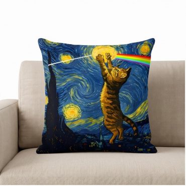 Pink Floyd Pillow Cover - Cat Starry Night Touching Moon Van Gogh DSOTM