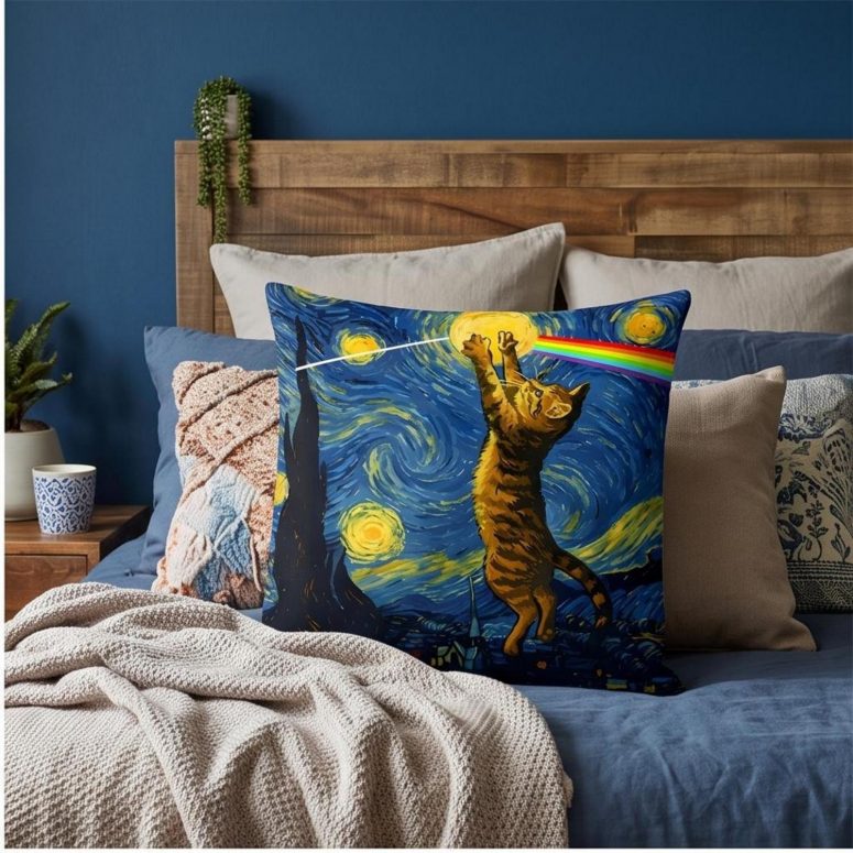 Pink Floyd Pillow Cover - Cat Starry Night Touching Moon Van Gogh DSOTM