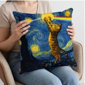 Pink Floyd Pillow Cover - Cat Starry Night Touching Moon Van Gogh DSOTM