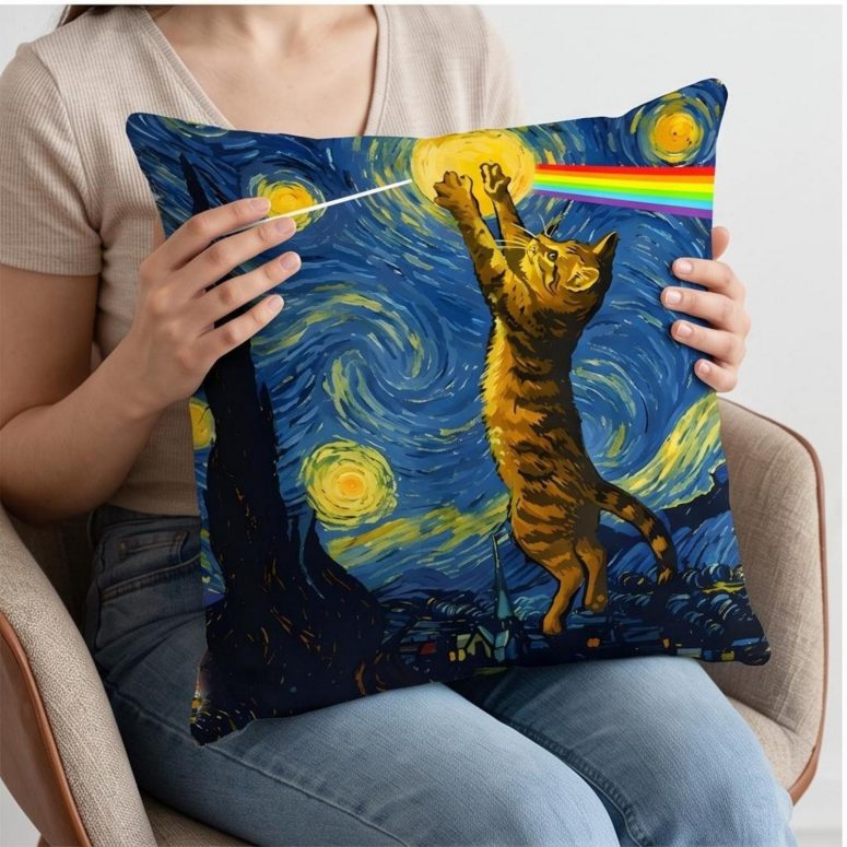 Pink Floyd Pillow Cover - Cat Starry Night Touching Moon Van Gogh DSOTM