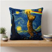Pink Floyd Pillow Cover - Cat Starry Night Touching Moon Van Gogh DSOTM