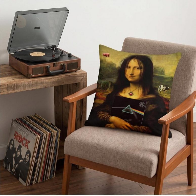 Pink Floyd Pillow Cover - TDSOTM Vinyl Disk Animals Atom Heart Mother Monalisa Parody