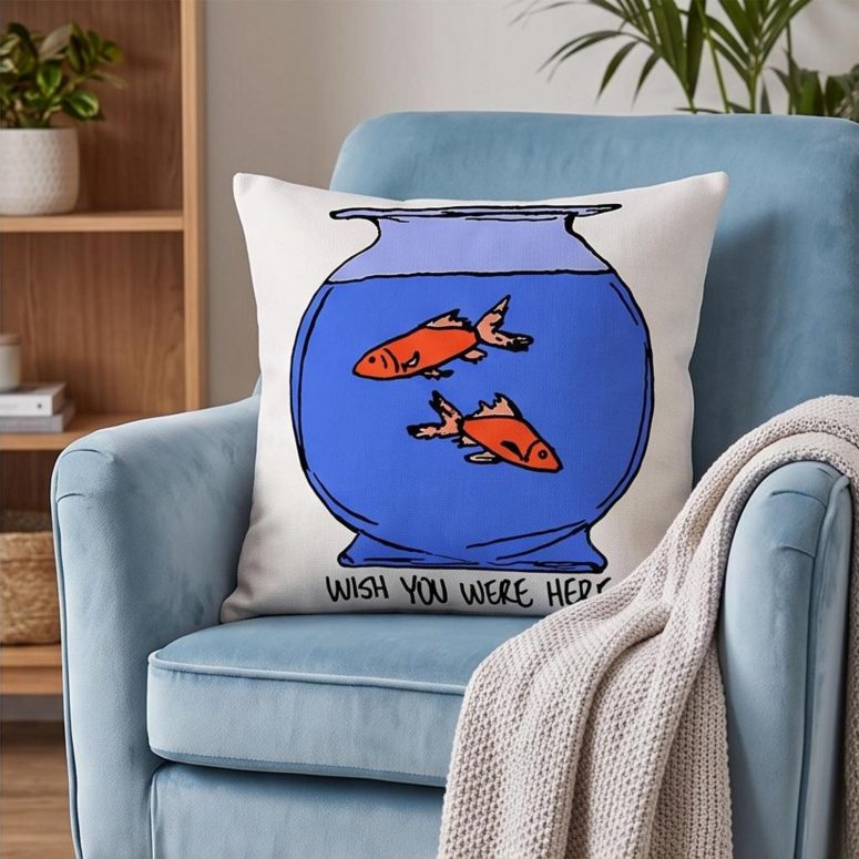 Pink Floyd Pillow Cover - Wish You Were Here lost souls in Fish Bowl Doodle Art Pink Floyd Pillow Cover - Wish You Were Here lost souls in Fish Bowl Doodle Art