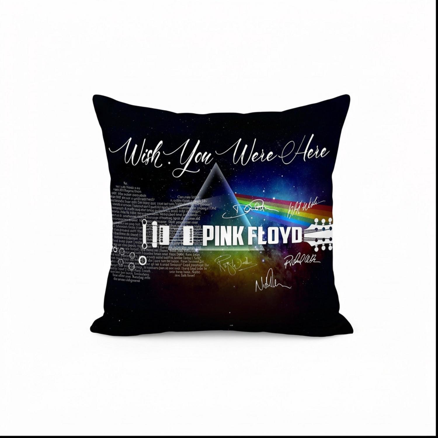 Pink Floyd Pillow Cover - Wish You Were Here With Guitar Typography And Signatures Pink Floyd Pillow Cover - Wish You Were Here With Guitar Typography And Signatures