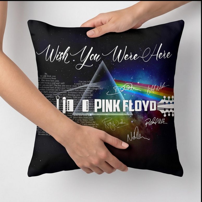 Pink Floyd Pillow Cover - Wish You Were Here With Guitar Typography And Signatures Pink Floyd Pillow Cover - Wish You Were Here With Guitar Typography And Signatures