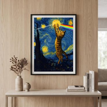 Pink Floyd Poster - Cat Starry Night Touching Moon Van Gogh DSOTM