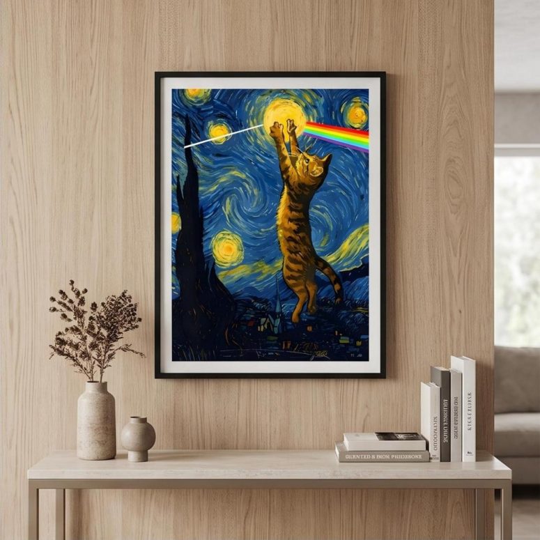 Pink Floyd Poster - Cat Starry Night Touching Moon Van Gogh DSOTM Pink Floyd Poster - Cat Starry Night Touching Moon Van Gogh DSOTM