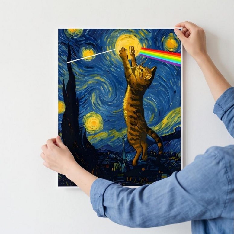 Pink Floyd Poster - Cat Starry Night Touching Moon Van Gogh DSOTM Pink Floyd Poster - Cat Starry Night Touching Moon Van Gogh DSOTM