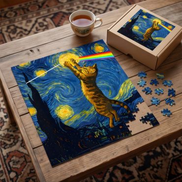 Pink Floyd Puzzle - Cat Starry Night Touching Moon Van Gogh DSOTM