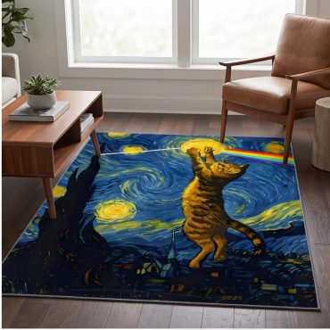 Pink Floyd Rug - Cat Starry Night Touching Moon Van Gogh DSOTM