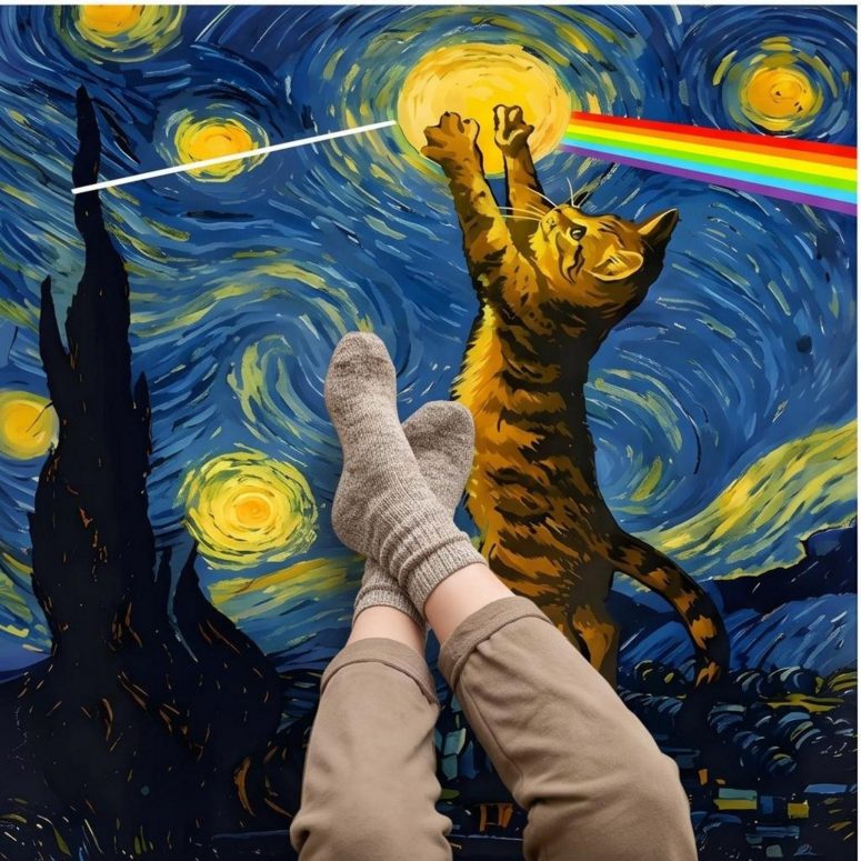 Pink Floyd Rug - Cat Starry Night Touching Moon Van Gogh DSOTM