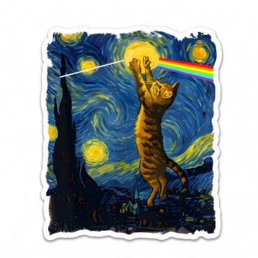 Pink Floyd Sticker - Cat Starry Night Touching Moon Van Gogh DSOTM