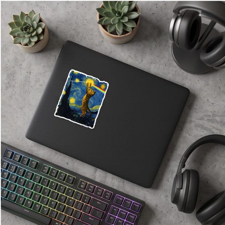 Pink Floyd Sticker - Cat Starry Night Touching Moon Van Gogh DSOTM