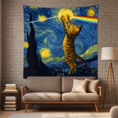 Pink Floyd Tapestry - Cat Starry Night Touching Moon Van Gogh DSOTM