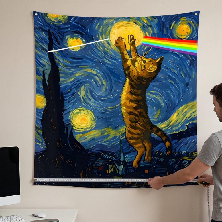 Pink Floyd Tapestry - Cat Starry Night Touching Moon Van Gogh DSOTM