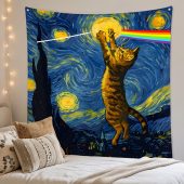 Pink Floyd Tapestry - Cat Starry Night Touching Moon Van Gogh DSOTM