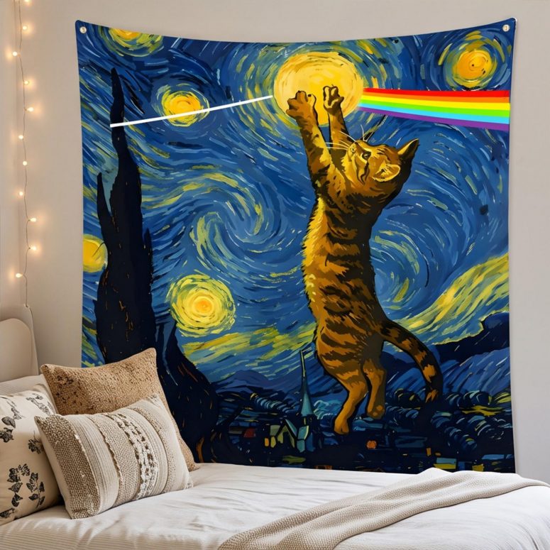 Pink Floyd Tapestry - Cat Starry Night Touching Moon Van Gogh DSOTM