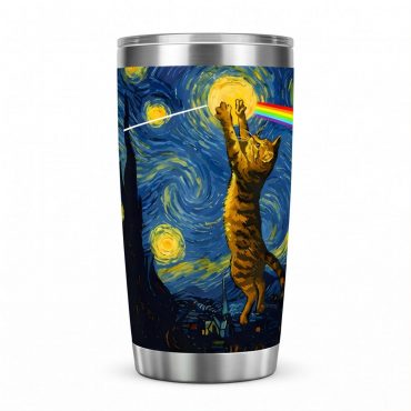 Pink Floyd Tumbler - Cat Starry Night Touching Moon Van Gogh DSOTM