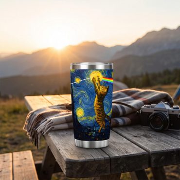 Pink Floyd Tumbler - Cat Starry Night Touching Moon Van Gogh DSOTM