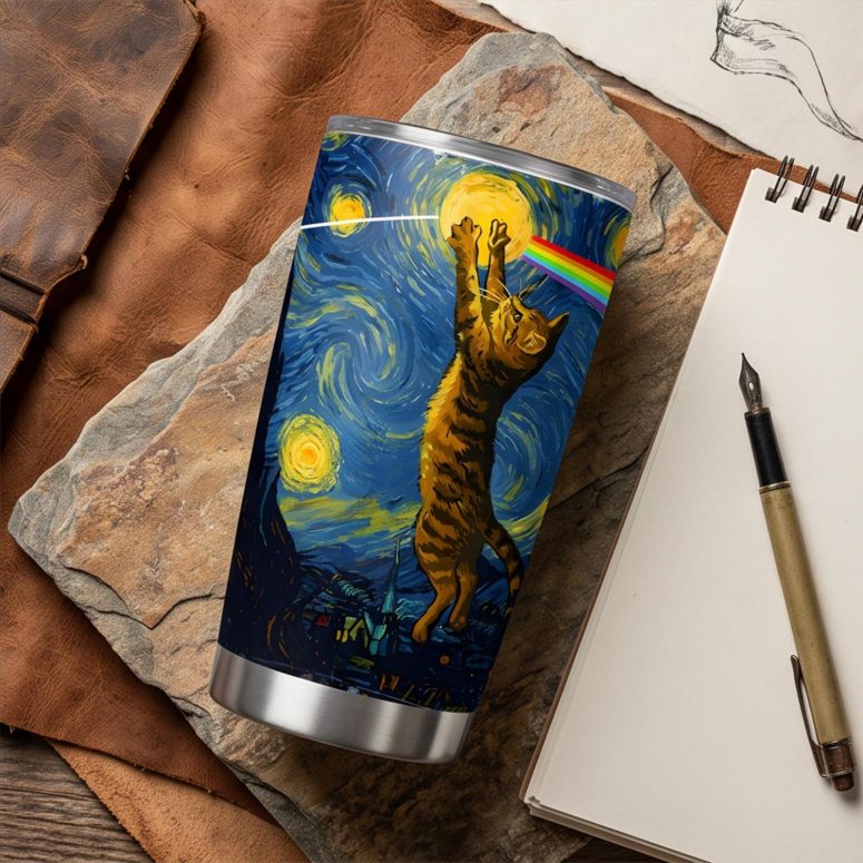 Pink Floyd Tumbler - Cat Starry Night Touching Moon Van Gogh DSOTM Pink Floyd Tumbler - Cat Starry Night Touching Moon Van Gogh DSOTM