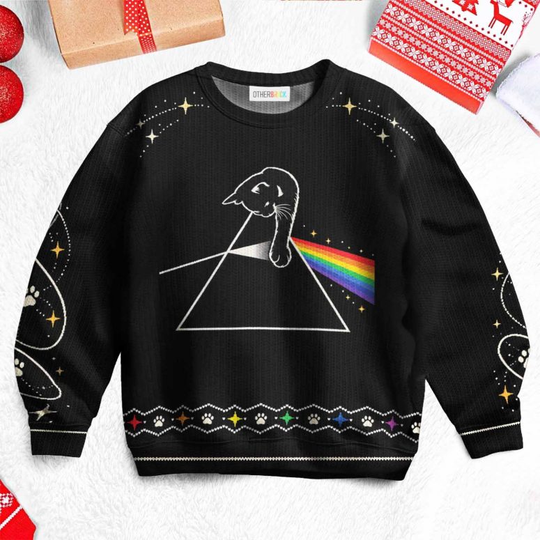 Pink Floyd Ugly Christmas Sweater - Cat Playing With Dark Side Of The Moon