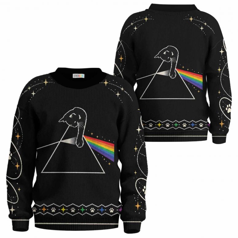 Pink Floyd Ugly Christmas Sweater - Cat Playing With Dark Side Of The Moon