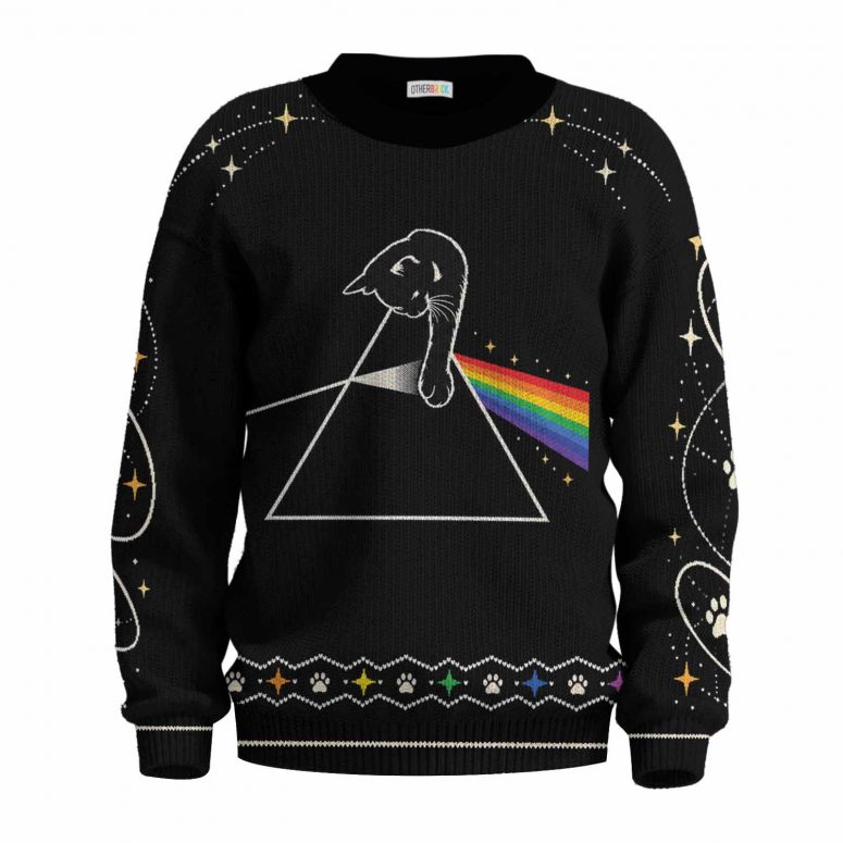 Pink Floyd Ugly Christmas Sweater - Cat Playing With Dark Side Of The Moon