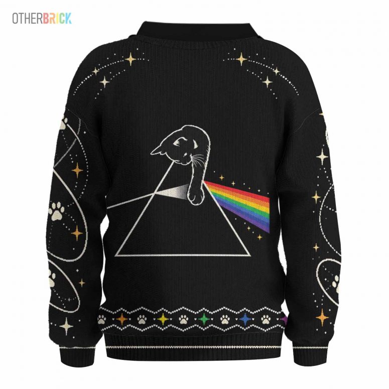 Pink Floyd Ugly Christmas Sweater - Cat Playing With Dark Side Of The Moon