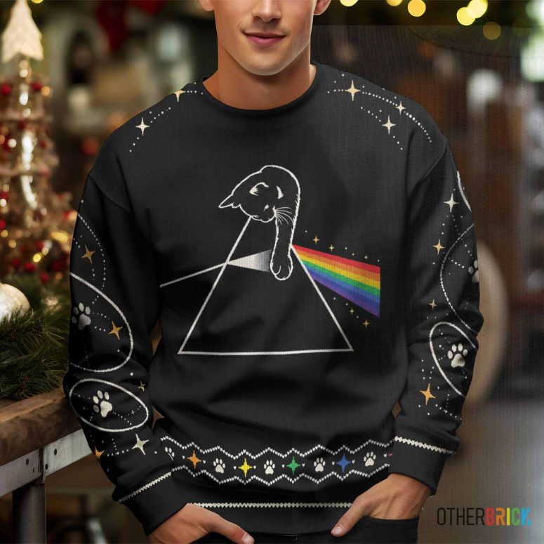 Pink Floyd Ugly Christmas Sweater - Cat Playing With Dark Side Of The Moon