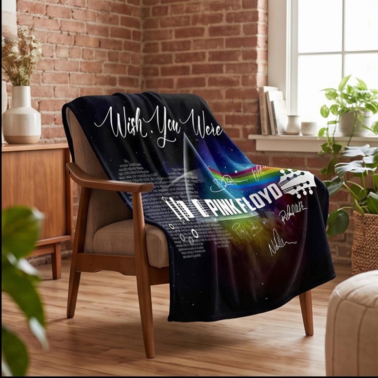 Pink Floyd Velveteen Plush Blanket - Wish You Were Here With Guitar Typography And Signatures Pink Floyd Velveteen Plush Blanket - Wish You Were Here With Guitar Typography And Signatures