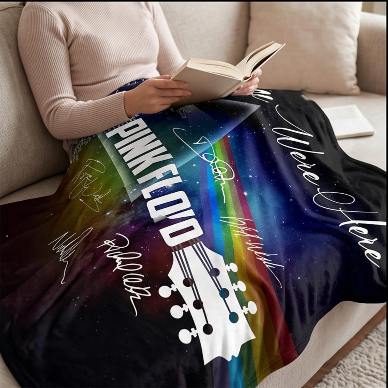 Pink Floyd Velveteen Plush Blanket - Wish You Were Here With Guitar Typography And Signatures Pink Floyd Velveteen Plush Blanket - Wish You Were Here With Guitar Typography And Signatures