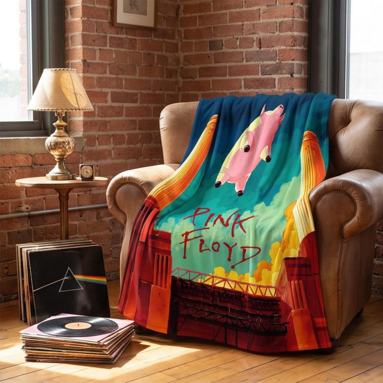 Pink Floyd Fleece Blanket - Animals Flying Pig Comic Style Art Print Pink Floyd Fleece Blanket - Animals Flying Pig Comic Style Art Print